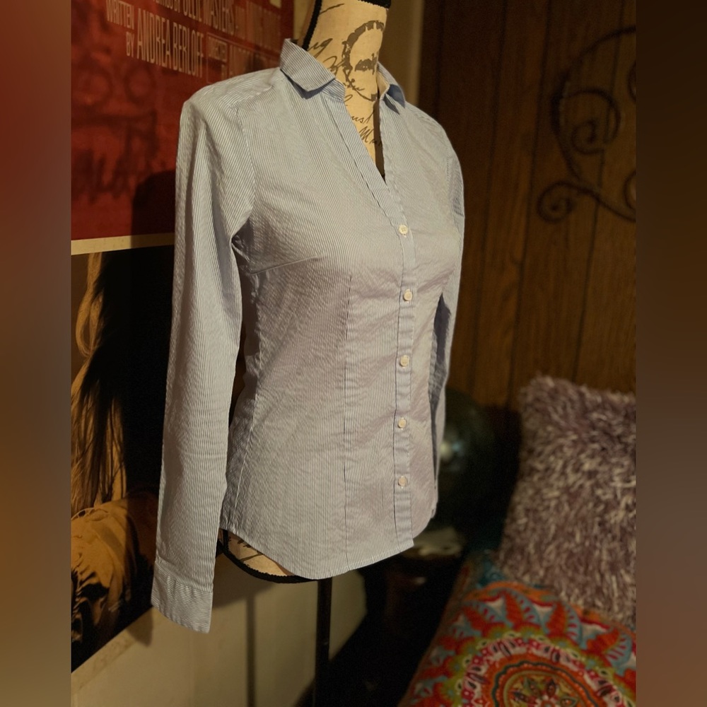 H & M blouse with with blue stripes, fitted so nicely. It’s in new condition